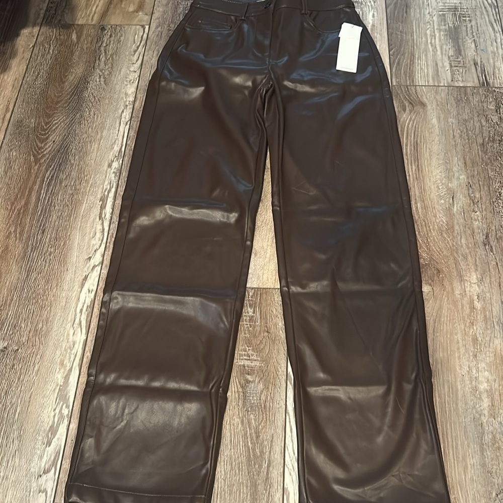 Calvin Klein Faux Leather Brown Straight Leg Pants - Picture 4 of 8